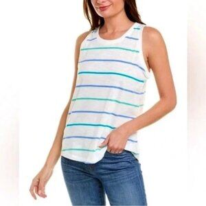 CABI Queue Tank Top Aqua Stripe on White Sz L #6140 EUC